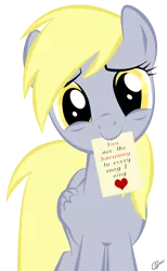 Size: 800x1300 | Tagged: safe, artist:krellyan, derpibooru import, derpy hooves, pegasus, pony, c:, cute, derpabetes, female, head tilt, heart, lidded eyes, looking at you, mare, mouth hold, photoshop, simple background, smiling, solo, text, transparent background, underp, valentine