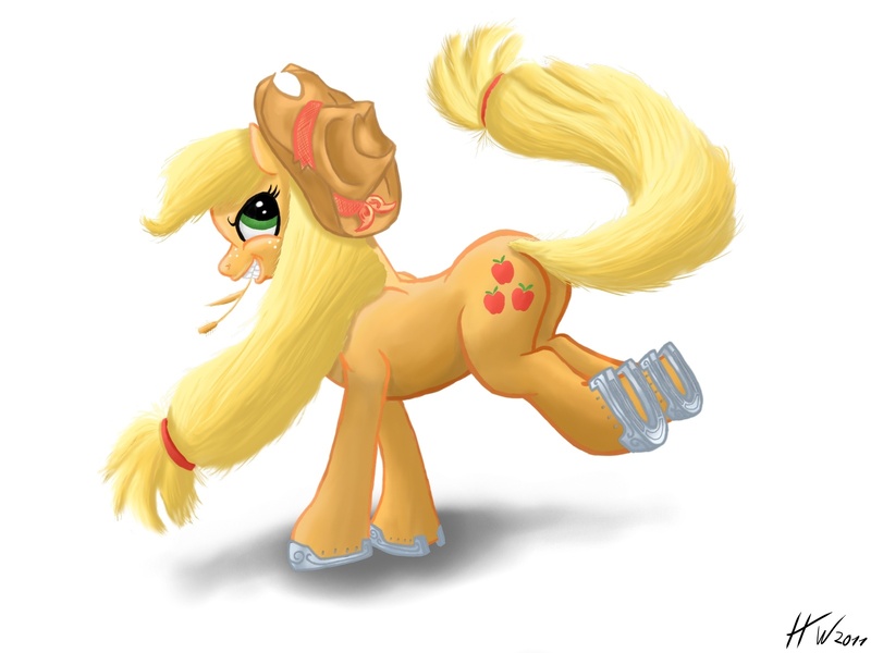 Size: 1600x1200 | Tagged: dead source, safe, artist:monochromeink, derpibooru import, applejack, earth pony, pony, bucking, female, horseshoes, mare, simple background, solo