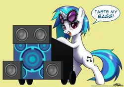 Size: 1200x846 | Tagged: safe, artist:johnjoseco, derpibooru import, vinyl scratch, pony, unicorn, bass cannon, bipedal, bipedal leaning, dialogue, female, get, index get, leaning, mare, simple background, solo, speech bubble, sunglasses