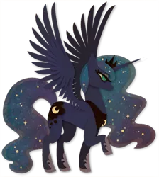 Size: 716x800 | Tagged: safe, artist:sleepwalks, derpibooru import, princess luna, alicorn, pony, ethereal mane, female, hoof shoes, mare, photoshop, raised hoof, simple background, solo, spread wings, starry mane, transparent background, wings