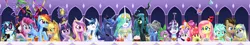 Size: 2500x445 | Tagged: safe, artist:saturnspace, derpibooru import, apple bloom, applejack, derpy hooves, doctor whooves, fluttershy, gummy, lyra heartstrings, pinkie pie, princess cadance, princess celestia, princess luna, queen chrysalis, rainbow dash, rarity, scootaloo, shining armor, spike, sweetie belle, time turner, trixie, twilight sparkle, vinyl scratch, alicorn, changeling, changeling queen, chicken, dragon, earth pony, pegasus, pony, unicorn, angry birds, big crown thingy, confetti, crossover, cutie mark crusaders, element of magic, everypony, female, filly, fine art parody, first queen chrysalis picture on derpibooru, jewelry, male, mane seven, mane six, mare, nom, parody, portal gun, record, regalia, stallion, the last supper