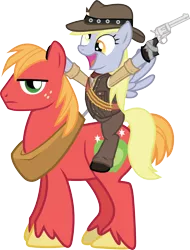 Size: 1378x1815 | Tagged: safe, artist:smashinator, derpibooru import, big macintosh, derpy hooves, earth pony, pegasus, pony, clothes, colt single action army, crossover, cute, derpabetes, female, frown, glare, gun, hat, hoof hold, looking at you, male, mare, open mouth, ponies riding ponies, red dead redemption, revolver, riding, simple background, smiling, stallion, transparent background, unamused, vector, weapon