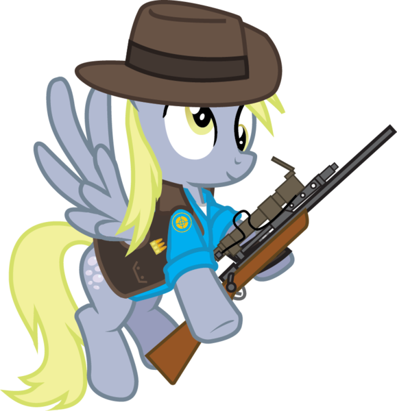 Size: 829x859 | Tagged: safe, artist:smashinator, derpibooru import, derpy hooves, pegasus, pony, crossover, cutie mark, female, gun, hat, hooves, mare, optical sight, rifle, simple background, sniper, sniper rifle, solo, spread wings, team fortress 2, transparent background, weapon, wings