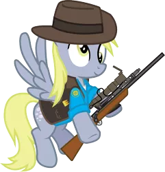 Size: 829x859 | Tagged: safe, artist:smashinator, derpibooru import, derpy hooves, pegasus, pony, crossover, cutie mark, female, gun, hat, hooves, mare, optical sight, rifle, simple background, sniper, sniper rifle, solo, spread wings, team fortress 2, transparent background, weapon, wings