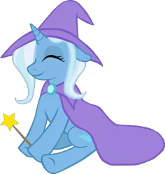 Size: 2083x2210 | Tagged: dead source, safe, artist:anders-art, derpibooru import, trixie, pony, unicorn, adobe imageready, cape, clothes, eyes closed, female, happy, hat, high res, mare, simple background, sitting, solo, transparent background, trixie's cape, trixie's hat, wand