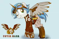 Size: 3300x2163 | Tagged: safe, artist:bunnimation, derpibooru import, oc, unofficial characters only, pony, artificial wings, augmented, boots, clothes, female, goggles, high res, mare, mechanical wing, one eye closed, simple background, solo, steampunk, wings
