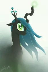 Size: 1280x1920 | Tagged: safe, artist:edvedd, derpibooru import, queen chrysalis, changeling, changeling queen, female, floppy ears, image, looking at you, magic, mist, png, signature, solo, standing