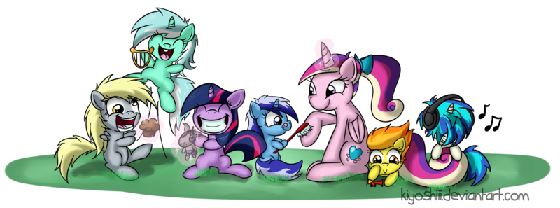 Size: 2047x759 | Tagged: safe, artist:kiyoshiii, derpibooru import, derpy hooves, lyra heartstrings, minuette, princess cadance, smarty pants, spitfire, twilight sparkle, vinyl scratch, alicorn, pegasus, pony, unicorn, brush, female, filly, filly derpy, filly lyra, filly spitfire, filly twilight sparkle, filly vinyl scratch, foal, foalsitter, happy, mare, muffin, toy airplane, younger