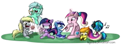 Size: 2047x759 | Tagged: safe, artist:kiyoshiii, derpibooru import, derpy hooves, lyra heartstrings, minuette, princess cadance, smarty pants, spitfire, twilight sparkle, vinyl scratch, alicorn, pegasus, pony, unicorn, brush, female, filly, filly derpy, filly lyra, filly spitfire, filly twilight sparkle, filly vinyl scratch, foal, foalsitter, happy, mare, muffin, toy airplane, younger