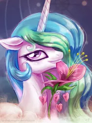 Size: 900x1200 | Tagged: safe, artist:kp-shadowsquirrel, derpibooru import, princess celestia, alicorn, pony, female, floppy ears, flower, flower in mouth, grin, heart, heart's desire, looking at you, mare, mouth hold, smiling, solo