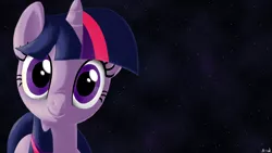 Size: 1366x768 | Tagged: dead source, safe, artist:mister-hand, derpibooru import, twilight sparkle, pony, unicorn, female, looking at you, mare, smiling, solo, stars