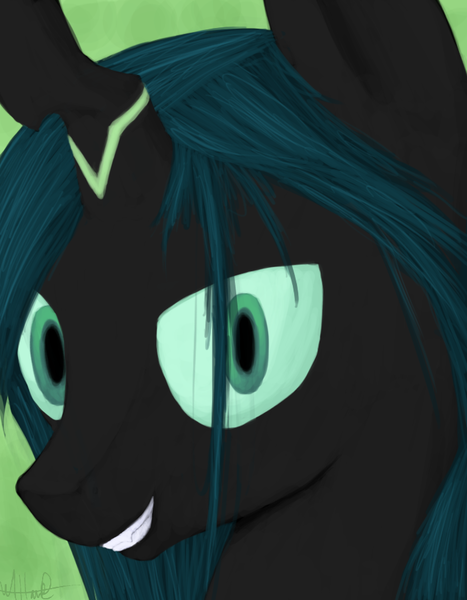 Size: 700x900 | Tagged: dead source, safe, artist:mister-hand, derpibooru import, queen chrysalis, changeling, changeling queen, bust, close-up, female, image, looking at you, png, portrait, signature, smiling, solo