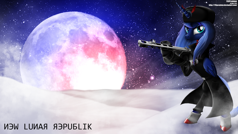 Size: 1920x1080 | Tagged: safe, artist:tsaritsaluna, derpibooru import, princess luna, alicorn, pony, semi-anthro, clothes, female, frown, gun, mare, moon, new lunar republic, ppsh-41, s1 luna, solo, soviet, standing, stars, submachinegun, wallpaper, weapon