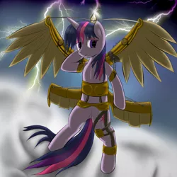 Size: 1920x1920 | Tagged: safe, artist:abluskittle, derpibooru import, twilight sparkle, pony, unicorn, artificial wings, augmented, female, flying, lightning, mare, mechanical wing, solo, steampunk, unicorn twilight, wings