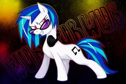 Size: 900x600 | Tagged: safe, artist:linaprime, derpibooru import, vinyl scratch, pony, unicorn, female, grin, headphones, mare, smiling, solo, sunglasses