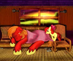 Size: 900x753 | Tagged: safe, artist:clutterdrop, derpibooru import, apple bloom, big macintosh, earth pony, pony, blanket, brother and sister, filly, male, sleeping, stallion, sunset