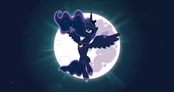 Size: 1766x936 | Tagged: safe, artist:thatoneaj, derpibooru import, princess luna, alicorn, pony, backlighting, female, flying, mare, moon, night, solo, spread wings, wings