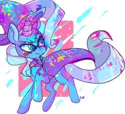 Size: 616x565 | Tagged: dead source, safe, artist:clockworkquartet, derpibooru import, trixie, pony, unicorn, abstract background, cape, clothes, female, glowing horn, hat, mare, solo, trixie's cape, trixie's hat