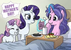 Size: 1000x704 | Tagged: safe, artist:johnjoseco, derpibooru import, cookie crumbles, rarity, sweetie belle, pony, unicorn, baked bads, breakfast, breakfast in bed, burned, cooking, female, filly, food, heartwarming, mare, mother's day, sweetie belle can't cook, sweetie fail