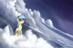 Size: 2000x1333 | Tagged: safe, artist:johnjoseco, derpibooru import, sunshower raindrops, pegasus, pony, cloud, cloudy, cutie mark, female, hooves, looking up, mare, night, night sky, on a cloud, sitting, sitting on cloud, sky, solo, stars, wings
