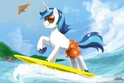 Size: 1500x1000 | Tagged: safe, artist:johnjoseco, derpibooru import, shining armor, trixie, pony, unicorn, clothes, female, hang gliding, male, mare, ocean, raised hoof, stallion, sunglasses, surfing, swimming trunks, swimsuit, topless