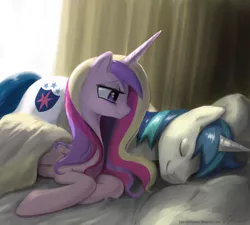 Size: 1300x1170 | Tagged: safe, artist:johnjoseco, derpibooru import, princess cadance, shining armor, alicorn, pony, unicorn, bed, bedroom eyes, blanket, cute, eyes closed, female, male, mare, morning ponies, pillow, prone, shiningcadance, shipping, side, sleeping, smiling, stallion, straight