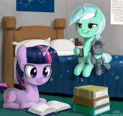 Size: 1000x938 | Tagged: safe, artist:johnjoseco, derpibooru import, lyra heartstrings, smarty pants, twilight sparkle, pony, unicorn, bed, book, chocolate, cute, eating, female, filly, periodic table, prone, reading, sitting, unicorn twilight