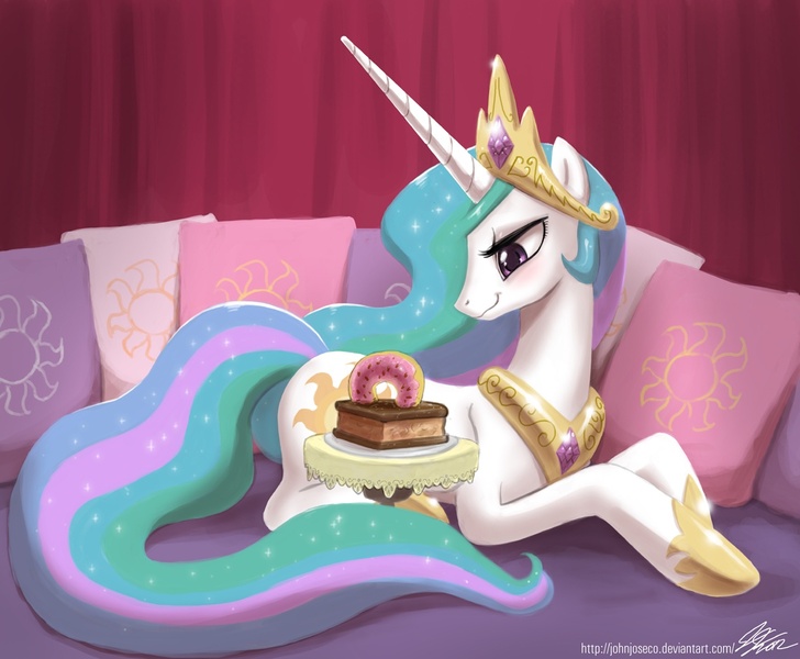 Size: 1300x1072 | Tagged: safe, artist:johnjoseco, derpibooru import, princess celestia, alicorn, pony, cake, cakelestia, female, mare, pillow, princess, prone