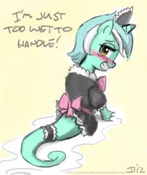 Size: 800x952 | Tagged: artist:johnjoseco, blushing, clothes, derpibooru import, female, hentai quotes, lyra heartstrings, maid, seahorse, sea pony, seapony lyra, simple background, solo, solo female, suggestive, wet