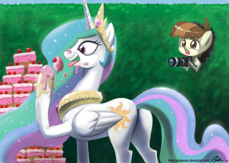 Size: 1300x929 | Tagged: safe, artist:johnjoseco, derpibooru import, featherweight, princess celestia, alicorn, pegasus, pony, ponyville confidential, cake, cakelestia, camera, colt, female, majestic as fuck, male, mare, plot, spying