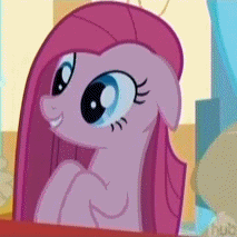 Size: 213x213 | Tagged: safe, derpibooru import, screencap, pinkie pie, earth pony, pony, party of one, animated, artifact, breakdown, contemplating insanity, cropped, derp, female, gif, hub logo, insanity, insanity face, it begins, mare, meme origin, pinkamena diane pie, psycho, silly, silly pony, solo