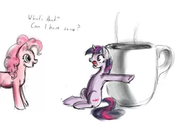 Size: 1000x750 | Tagged: safe, artist:silfoe, derpibooru import, pinkie pie, twilight sparkle, earth pony, pony, unicorn, coffee, curious, drink, female, leaning, mare, micro, mug, open mouth, pinkie found the coffee, scared, simple background, sitting, smiling, this will end in tears and/or death, wide eyes, xk-class end-of-the-world scenario
