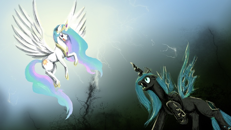 Size: 1920x1080 | Tagged: safe, artist:silfoe, derpibooru import, princess celestia, queen chrysalis, alicorn, changeling, changeling queen, pony, confrontation, duo, ethereal mane, fangs, female, fight, floppy ears, flying, image, jpeg, lightning, mare, open mouth, slit eyes, spread wings, wallpaper, wings