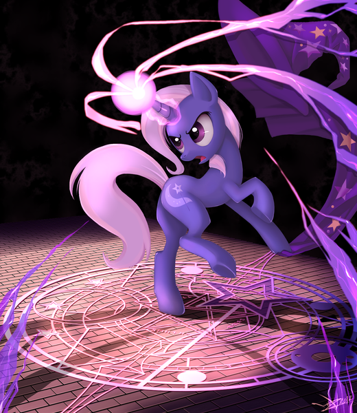 Size: 1300x1500 | Tagged: safe, artist:ponykillerx, derpibooru import, trixie, pony, unicorn, bipedal, cape, clothes, epic, female, frown, glare, glowing horn, hat, looking back, magic, magic circle, mare, open mouth, plot, raised leg, rearing, runes, solo, trixie's cape, trixie's hat, underhoof