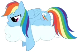 Size: 1612x1078 | Tagged: safe, artist:littlehybridshila, derpibooru import, rainbow dash, pegasus, pony, cloud, cutie mark, female, frown, frustrated, grumpy, hooves, lying on a cloud, mare, on a cloud, prone, sad, simple background, solo, transparent background, wings
