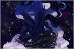 Size: 1024x684 | Tagged: safe, artist:kyuubreon, derpibooru import, princess luna, alicorn, pony, female, galaxy mane, mare, moon, night, rock, solo, stars