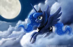 Size: 1330x861 | Tagged: safe, artist:johnjoseco, derpibooru import, princess luna, alicorn, pony, cloud, cloudy, cutie mark, female, full moon, hooves, horn, jewelry, lying on a cloud, mare, moon, night, night sky, on a cloud, profile, prone, regalia, sky, smiling, solo, spread wings, stars, tiara, wings