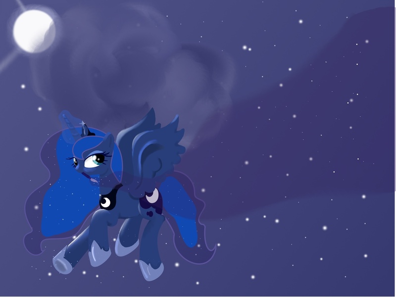 Size: 1876x1407 | Tagged: safe, artist:aanau, derpibooru import, princess luna, alicorn, pony, female, flying, magic, mare, moon, mouth hold, night, paintbrush, painting, solo, stars, underhoof