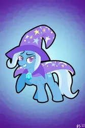 Size: 1200x1800 | Tagged: safe, artist:ponett, derpibooru import, trixie, pony, unicorn, best pony, cape, clothes, female, grin, hat, lidded eyes, mare, raised hoof, smiling, solo, trixie's cape, trixie's hat