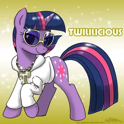 Size: 1000x1000 | Tagged: safe, artist:johnjoseco, derpibooru import, twilight sparkle, pony, unicorn, abstract background, clothes, female, hoodie, jewelry, lidded eyes, mare, medallion, necklace, solo, sunglasses, sweater, twilightlicious, twililicious, unicorn twilight