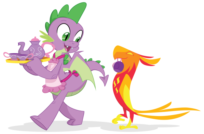 Size: 2900x1900 | Tagged: apron, artist:equestria-prevails, awesome in hindsight, clothes, derpibooru import, dragon, duo, fangs, heartwarming in hindsight, hilarious in hindsight, looking back, male, mouth hold, naked apron, older, open mouth, peewee, phoenix, safe, simple background, smiling, spike, tea, teacup, teapot, teenage spike, transparent background, vector, walking, winged spike