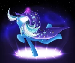 Size: 1408x1191 | Tagged: safe, artist:myhysteria, derpibooru import, trixie, pony, unicorn, cape, clothes, female, glowing eyes, glowing horn, hat, magic, mare, sky, solo, stars, trixie's cape, trixie's hat