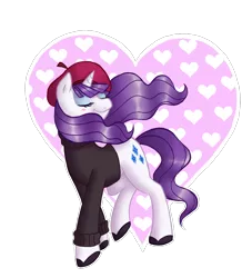 Size: 1000x1100 | Tagged: safe, artist:genesis55, derpibooru import, rarity, pony, unicorn, abstract background, alternate hairstyle, beatnik rarity, beret, clothes, eyes closed, female, hat, heart, mare, solo