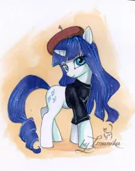 Size: 862x1094 | Tagged: safe, artist:imanika, derpibooru import, rarity, pony, unicorn, abstract background, alternate hairstyle, beatnik rarity, beret, clothes, female, hat, mare, solo, traditional art