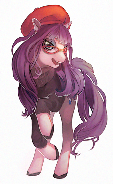 Size: 499x807 | Tagged: safe, artist:viki-vaki, derpibooru import, rarity, pony, unicorn, alternate hairstyle, beatnik rarity, beret, clothes, female, glasses, hat, mare, rarity's glasses, simple background, solo, sweater, white background