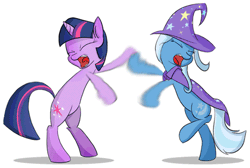 Size: 500x336 | Tagged: safe, artist:subjectnumber2394, derpibooru import, trixie, twilight sparkle, pony, unicorn, animated, balancing, bipedal, cape, clothes, duo, duo female, epic fight, eyes closed, female, fight, gif, hat, hoofy-kicks, internet fight, mare, open mouth, raised leg, rearing, screaming, shadow, simple background, sissy slap fight, tongue out, trixie's cape, trixie's hat, unicorn twilight, white background