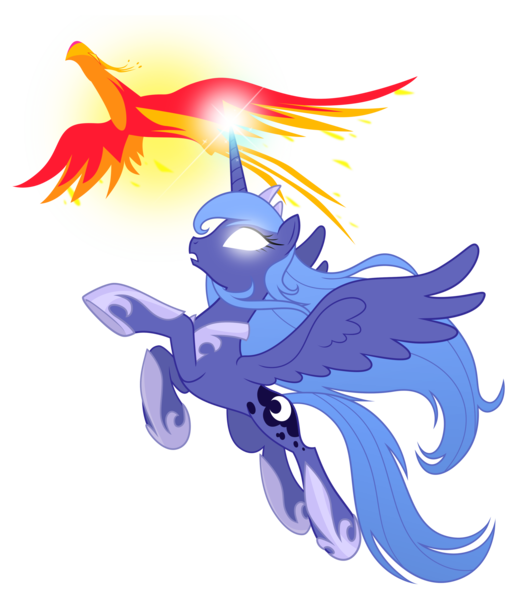 Size: 3100x3600 | Tagged: safe, artist:equestria-prevails, derpibooru import, philomena, princess luna, alicorn, phoenix, pony, duo, female, flying, glowing eyes, glowing horn, high res, magic, mare, pet, s1 luna, simple background, transparent background, vector, white eyes