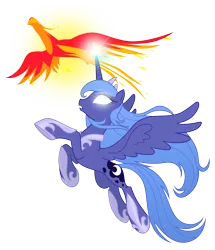 Size: 3100x3600 | Tagged: safe, artist:equestria-prevails, derpibooru import, philomena, princess luna, alicorn, phoenix, pony, duo, female, flying, glowing eyes, glowing horn, high res, magic, mare, pet, s1 luna, simple background, transparent background, vector, white eyes