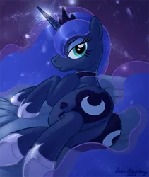 Size: 674x797 | Tagged: safe, artist:brianblackberry, derpibooru import, princess luna, alicorn, pony, both cutie marks, butt, ethereal mane, female, hoof shoes, image, jewelry, looking at you, looking back, looking back at you, lying down, mare, moonbutt, peytral, plot, png, rear view, seductive, side, solo, space, starry mane, starry tail, stars, tiara, underhoof