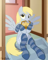 Size: 677x844 | Tagged: safe, artist:brianblackberry, derpibooru import, derpy hooves, pegasus, pony, basket, clothes, female, mare, mouth hold, muffin, sitting, socks, solo, striped socks